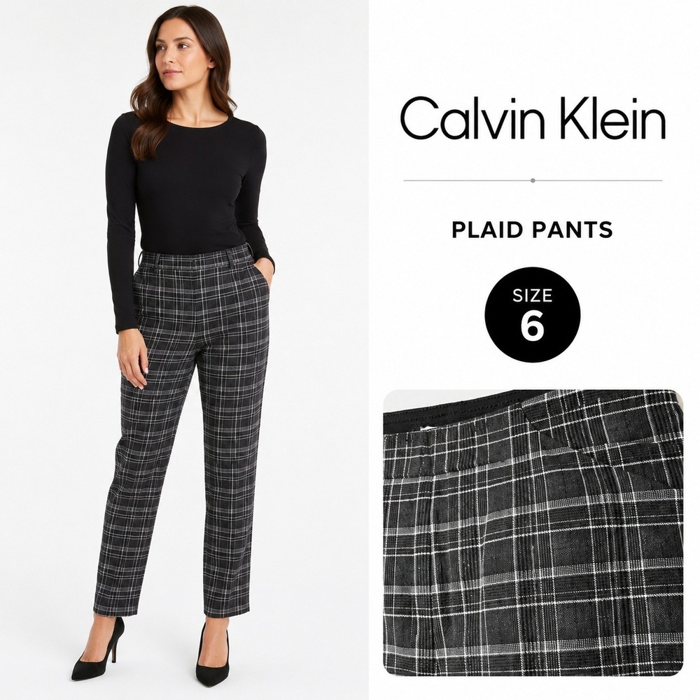 Calvin Klein Plaid Trousers Women 6 Black White Glen‎ Check Slim 90s Officecore